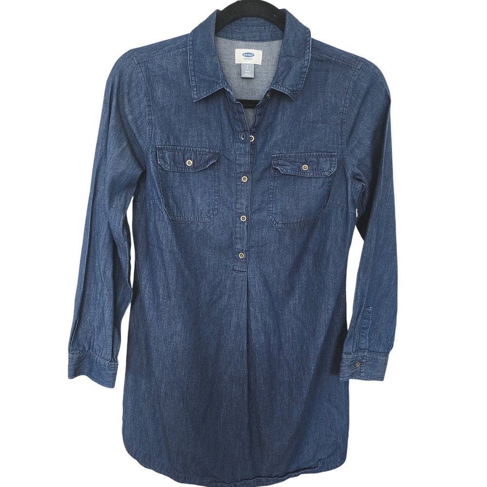 Old Navy Womens Denim Tunic Shirt Dark Wash Long Sleeve Petite Small Casual